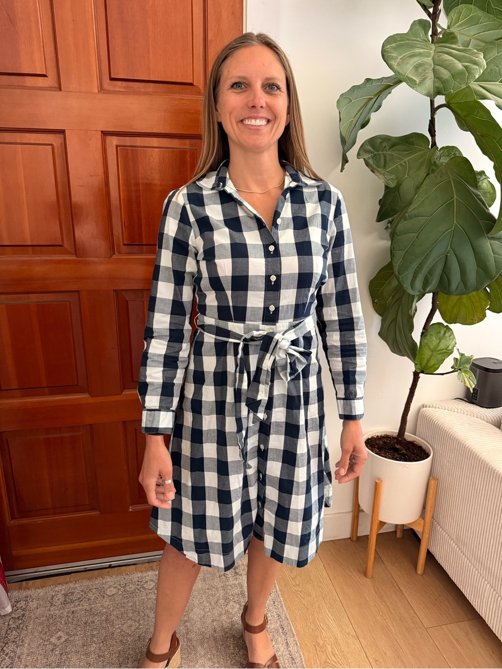 J. Crew Navy and White Buffalo Check Tie-Waist Shirt Dress
